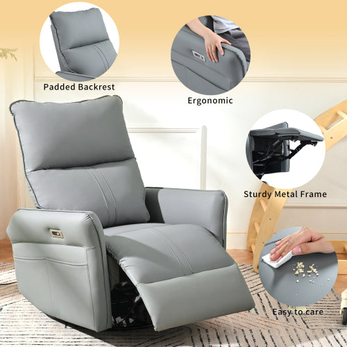 270 Power Swivel Rocker Recliner Chair, PU Leather Electric Glider Reclining Sofa With USB Ports, Power Swivel Glider, Rocking Chair,Nursery Recliners For Living Room Bedroom  Light Gray  270Swivel
