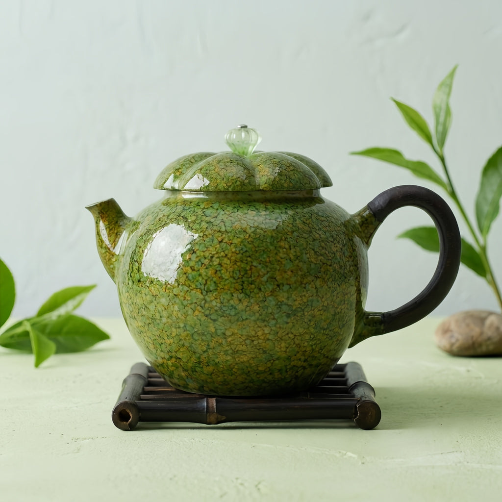 Pure 999 Fine Silver Artistic Hand-Glazed Green Speckled Teapot with Elegant Wooden Handle and Scalloped Lid - Handicraft