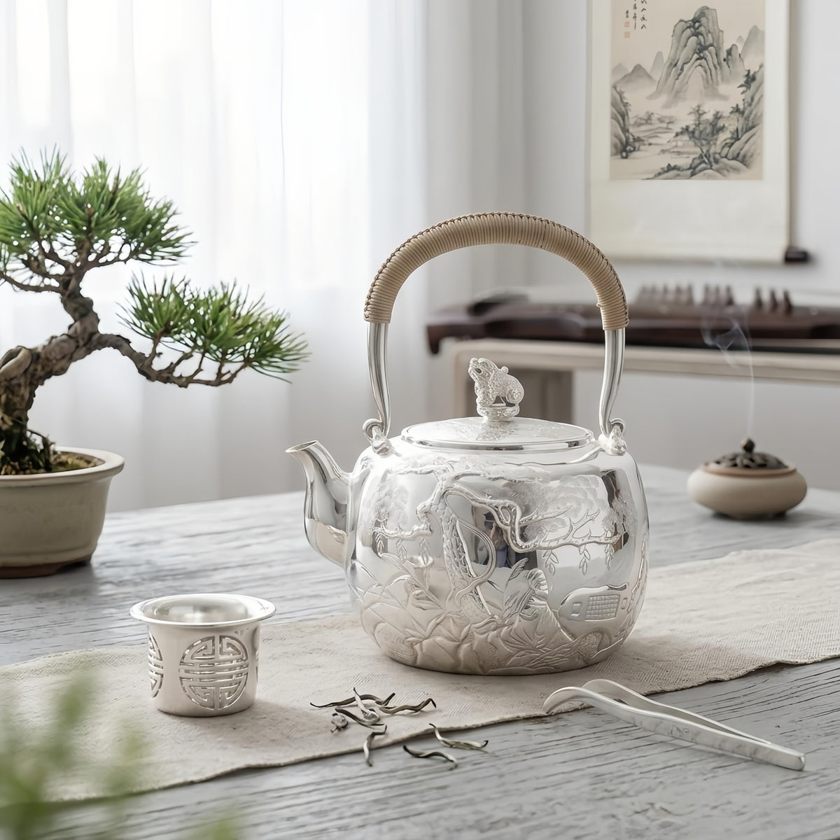 Pure 999 Fine Silver Handcrafted Sterling Silver Teapot with Intricate Landscape Relief and Woven Handle - Handicraft