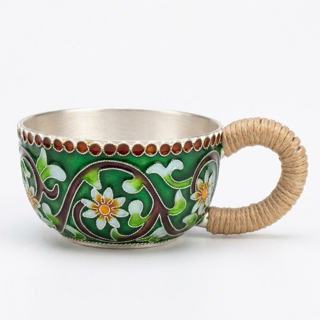 925 Sterling Silver Handcrafted Enamel Floral Cups with Rattan Handles - Handicraft