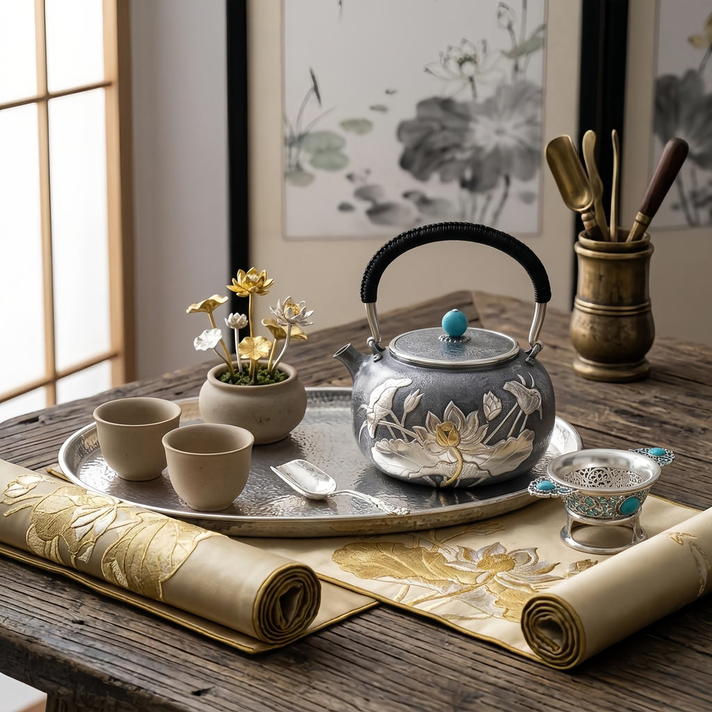 925 Sterling Silver Artisan Silver Lotus Teapot with Turquoise Finial and Woven Handle - Handicraft