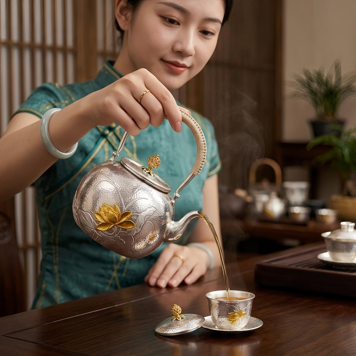 Pure 999 Fine Silver Handcrafted Hammered Silver Teapot with Ornate Lotus Blossom and Woven Rattan Handle - Handicraft