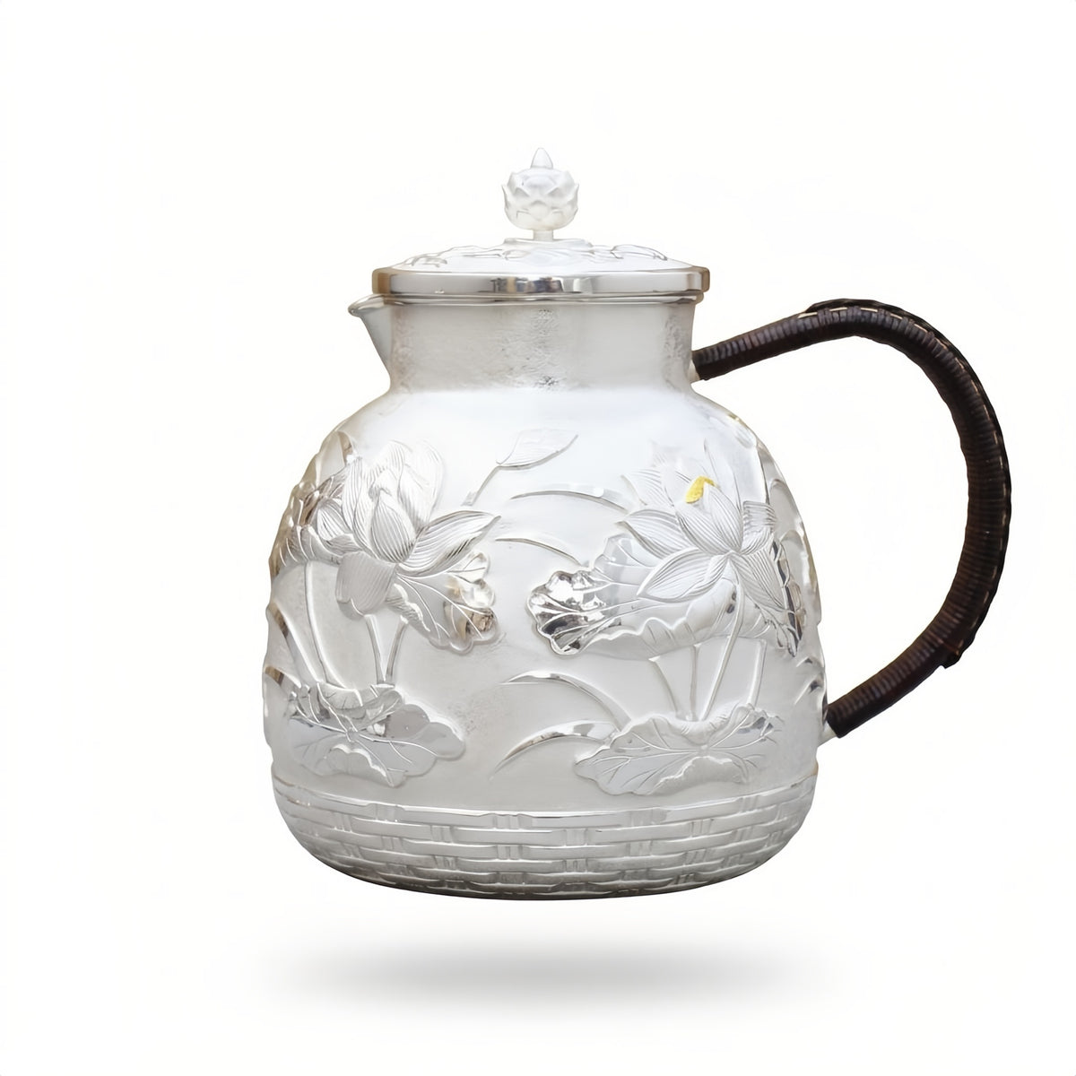 Pure 999 Fine Silver Handcrafted Silver Lotus Teapot with Woven Base and Dark Wrapped Handle - Handicraft
