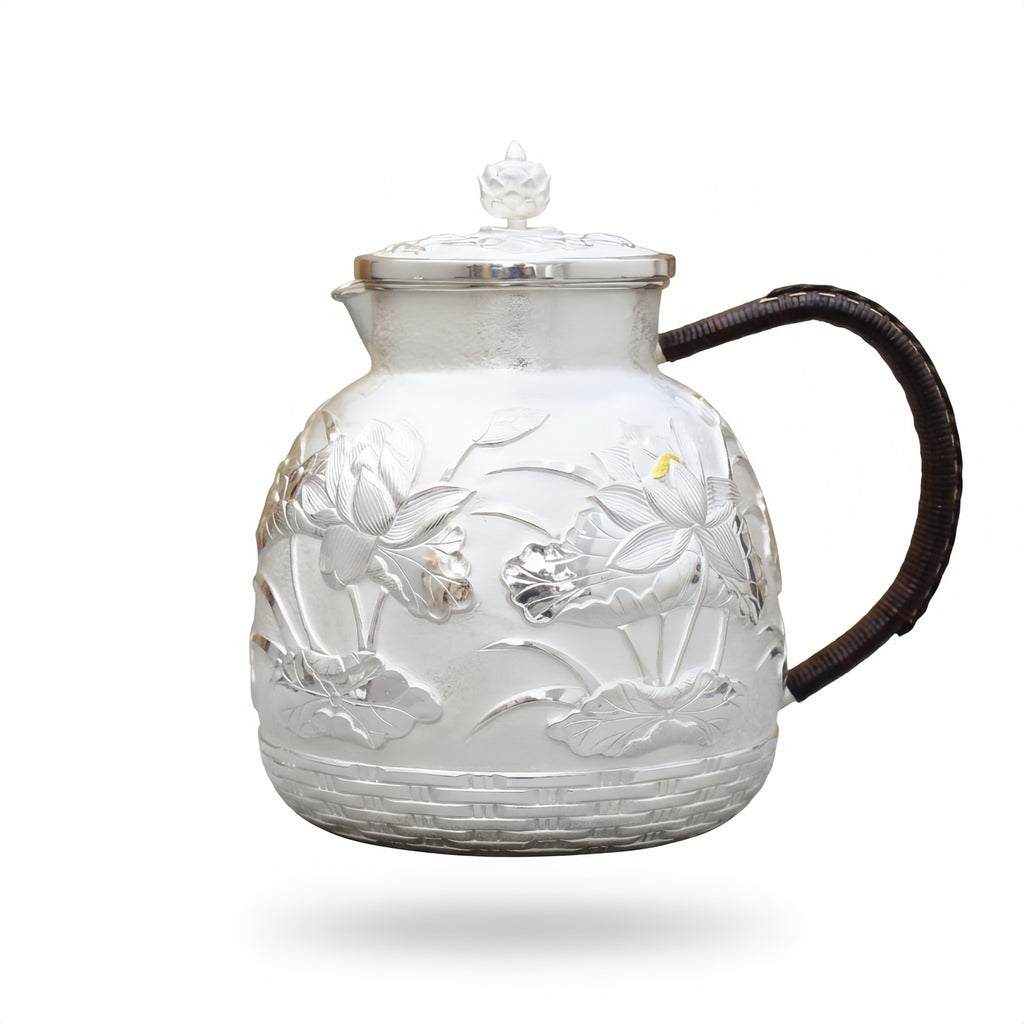 Pure 999 Fine Silver Handcrafted Silver Lotus Teapot with Woven Base and Dark Wrapped Handle - Handicraft