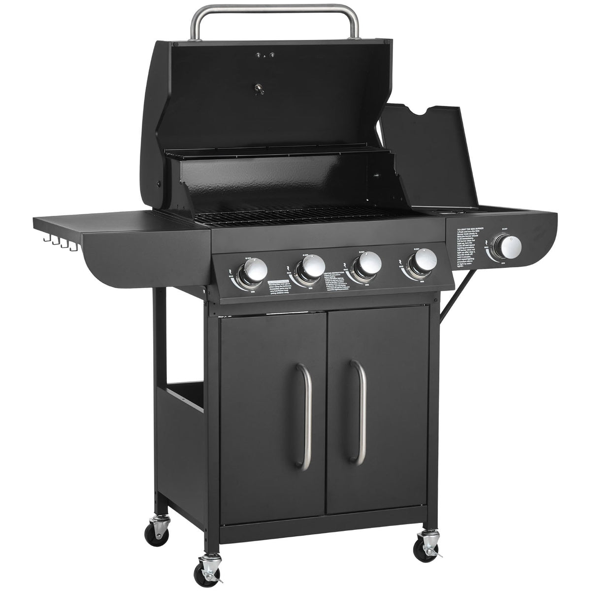 Gas Grill, 4 Burner Propane Gas Grill With Side Burner, 425 SQ.In Grilling Area, Carbon Steel Enamel Grates, Outdoor 52,000 BTU Patio Garden BBQ Grills With Two Side Shelves, Carbon Steel
