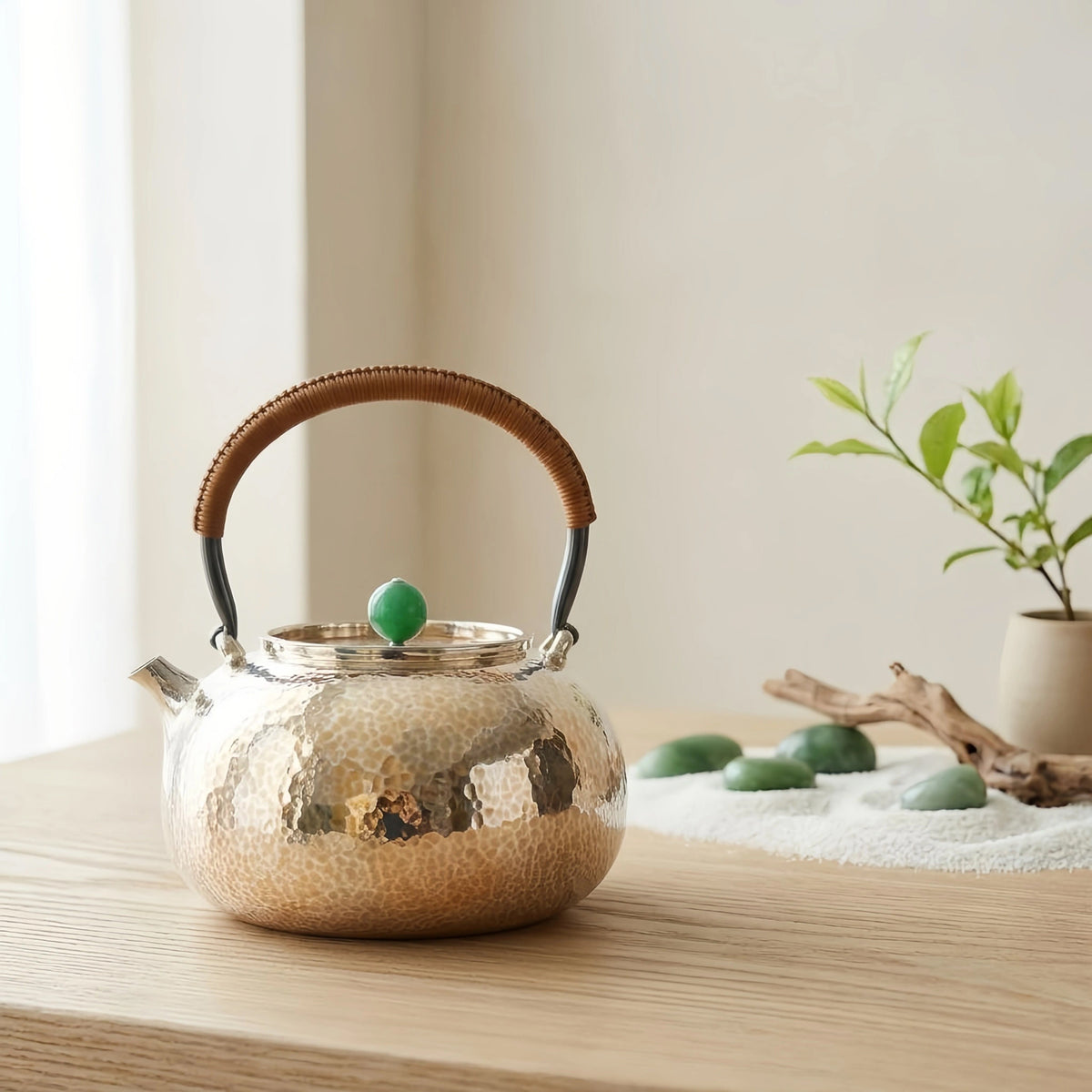 Pure 999 Fine Silver Handcrafted Hammered Silver Teapot with Rattan-Wrapped Handle and Jade Green Lid Knob - Handicraft