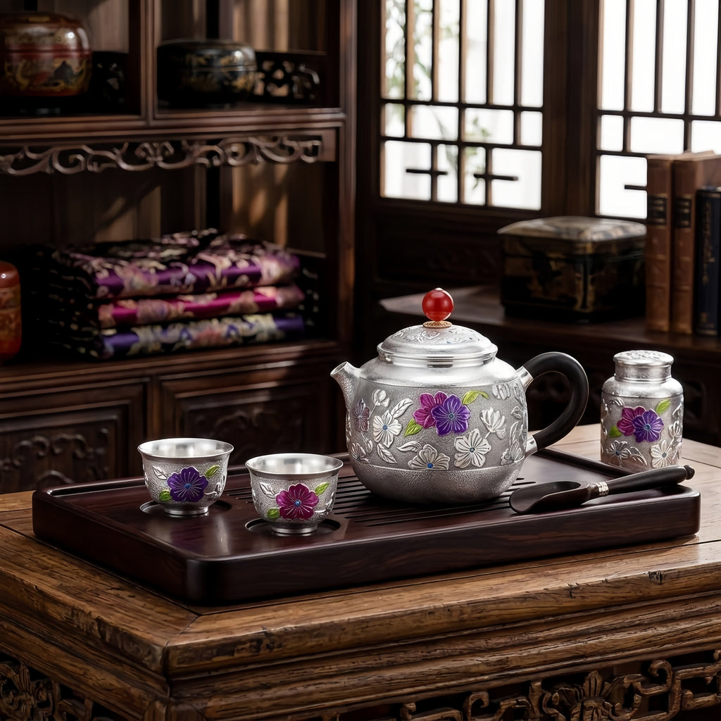Pure 999 Fine Silver Exquisite Handcrafted Silver Teapot with Colorful Enamel Floral Details and Red Gemstone Finial - Handicraft