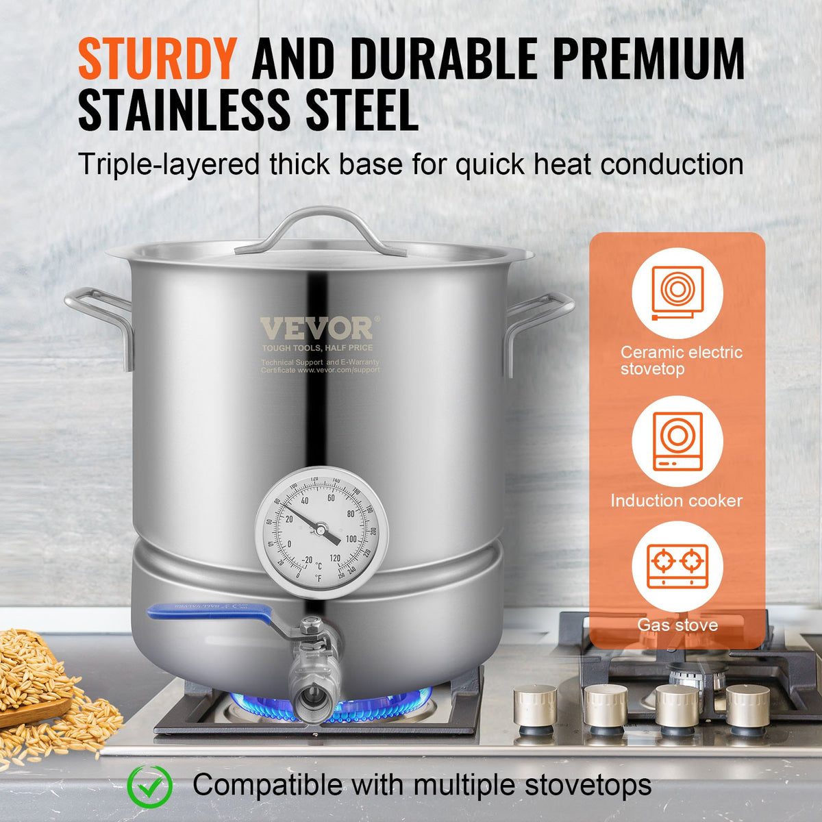 Stainless Steel Kettle, 5 GALLON Brewing Pot, Tri Ply Bottom For Beer, Brew Kettle Pot, Home Brewing Supplies Includes Lid, Handle, Thermometer, Ball Valve Spigot, Filter, Filter Tray