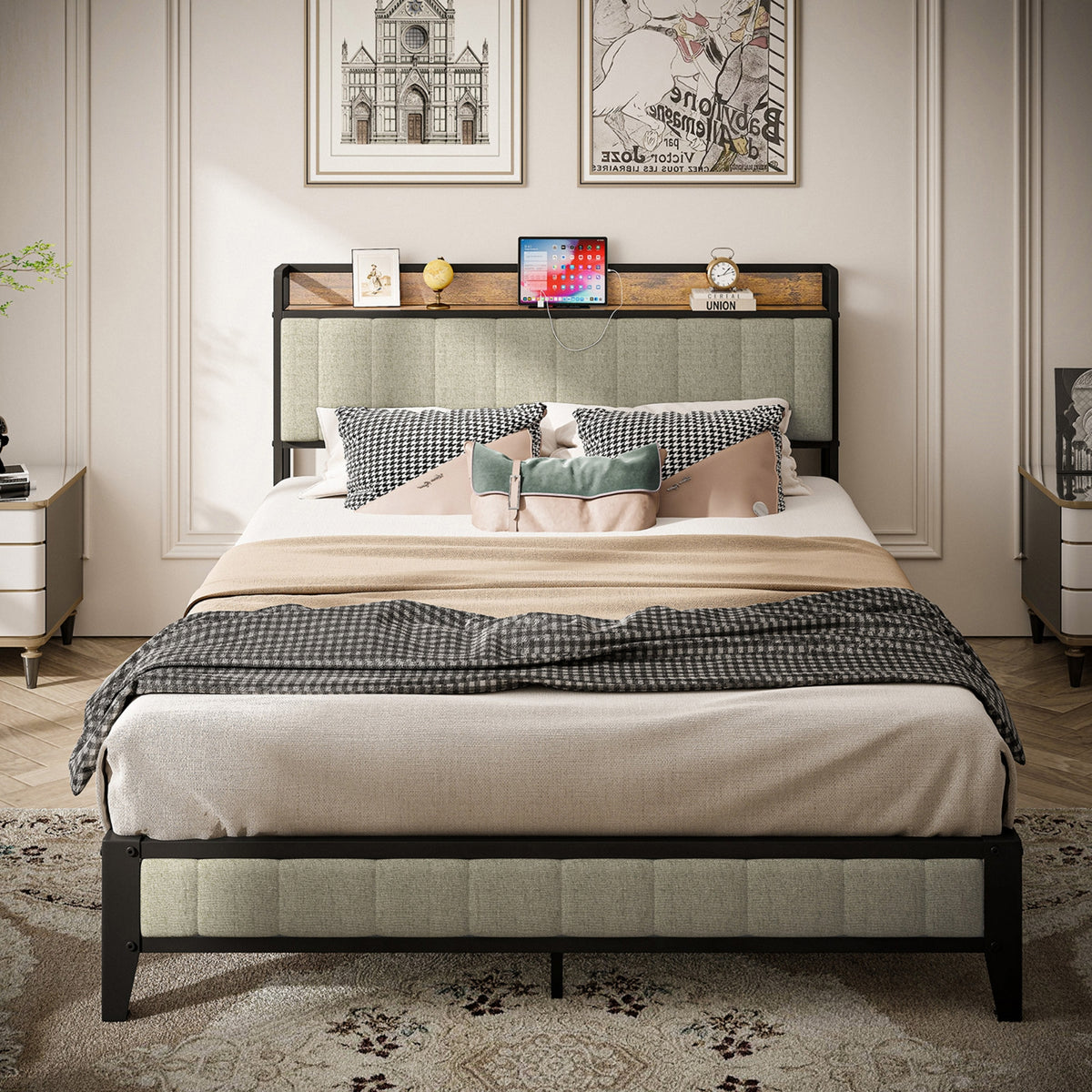 Queen Size Bed Frame With Charging Station, Upholstered Headboard, Metal Platform, Grey