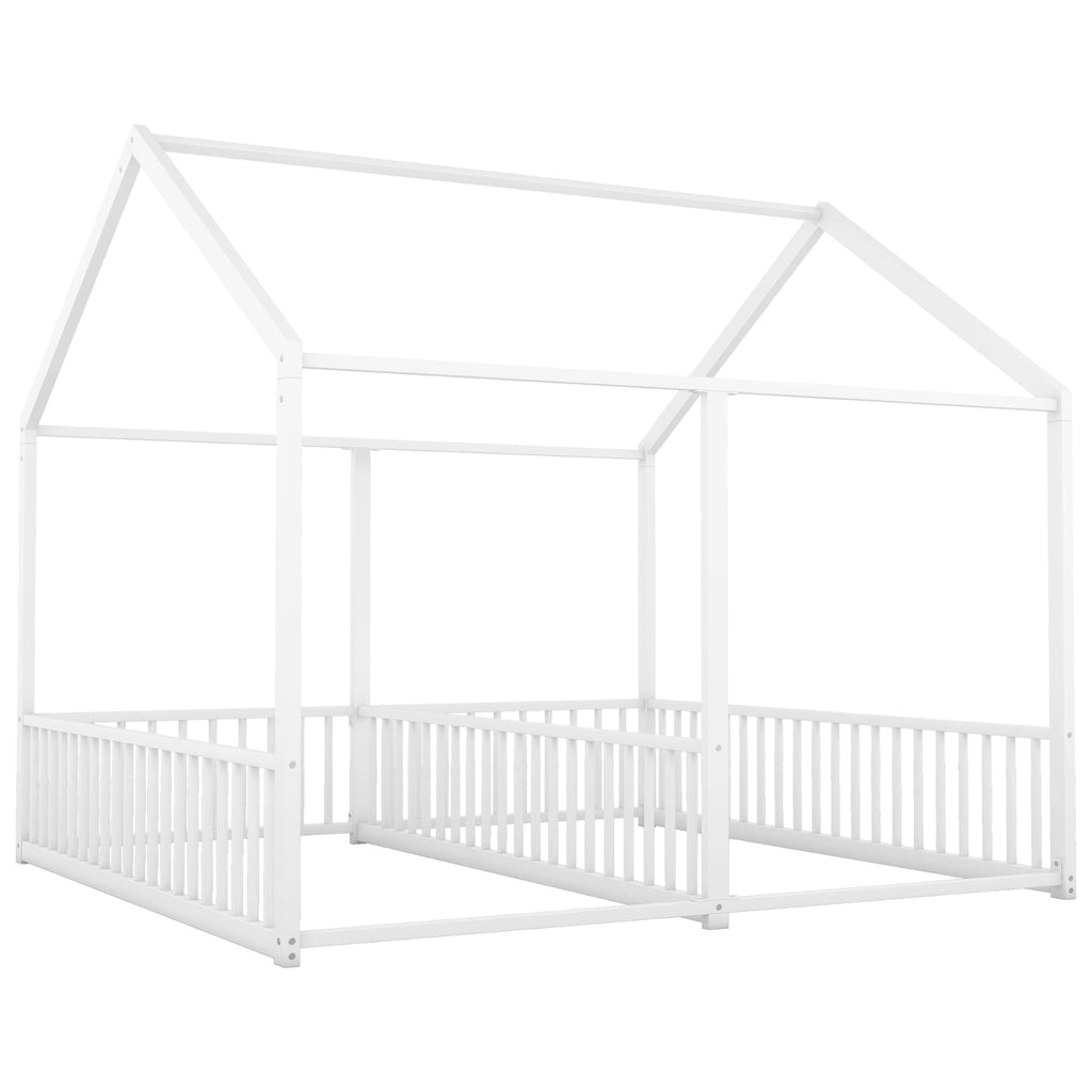 Metal Twin Size House Platform Beds, Two Shared Beds, White