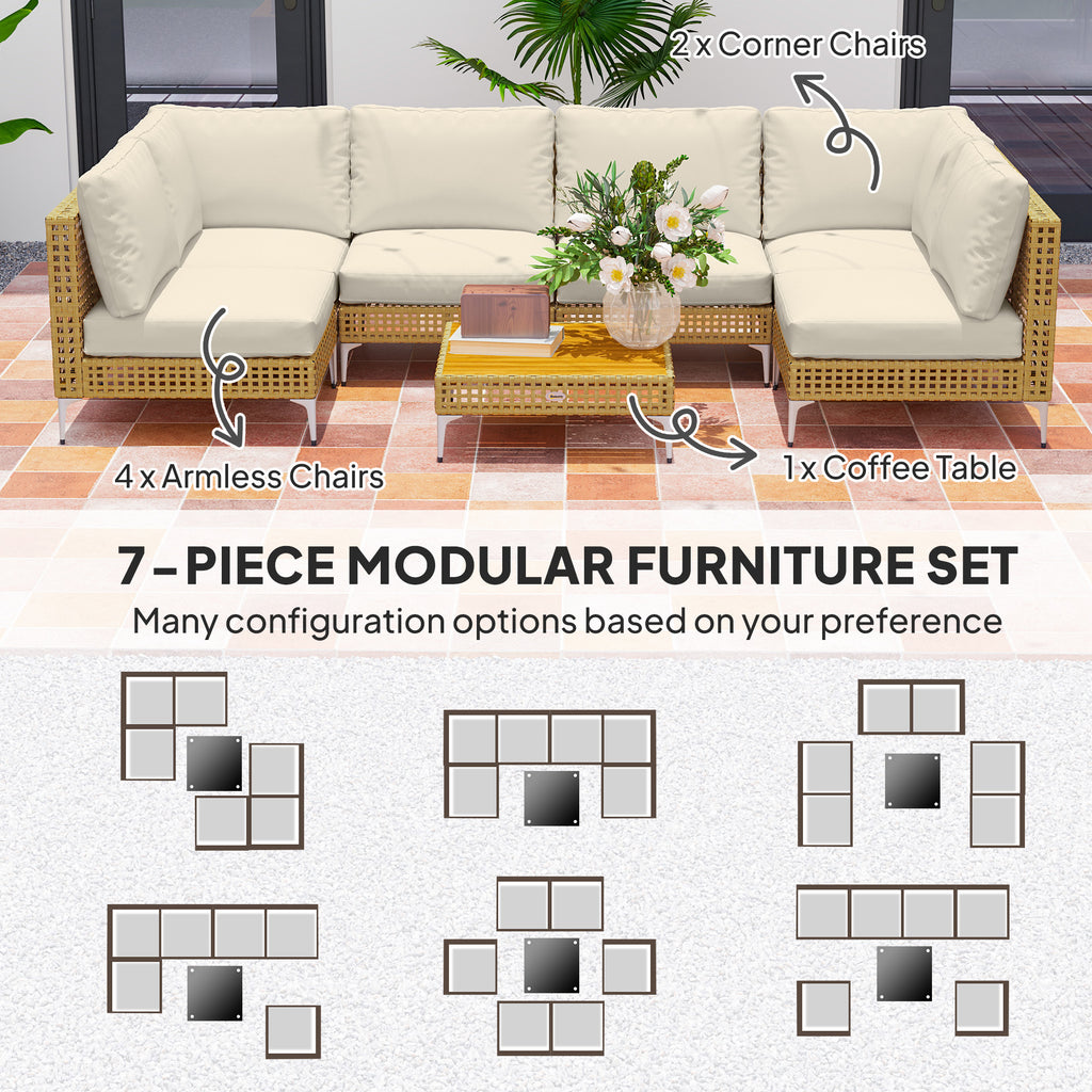 7 Piece Wicker Patio Furniture Set, Modular Outdoor Sectional with Thickened Cushions, Acacia Wood Table, Khaki/Beige