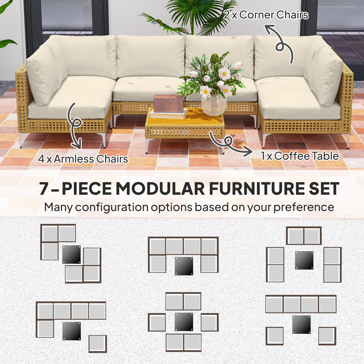 7 Piece Wicker Patio Furniture Set, Modular Outdoor Sectional with Thickened Cushions, Acacia Wood Table, Khaki/Beige