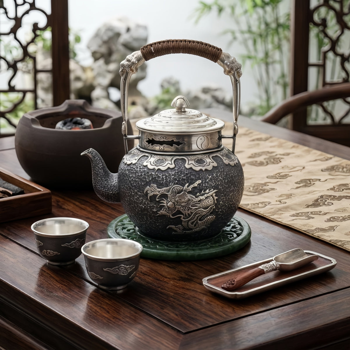 925 Sterling Silver **Title:** Ornate Dragon-Embossed Hammered Metal Teapot with Yin-Yang Lid and Woven Handle-Fine large teapot - Handicraft