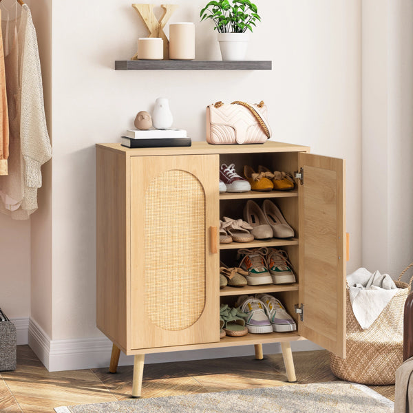 2-door Vertical Cabinet Type With High Stilt Oval Rattan Shoe Cabinet MDF Paste Triamine 68X40X83.5cm Wood Color