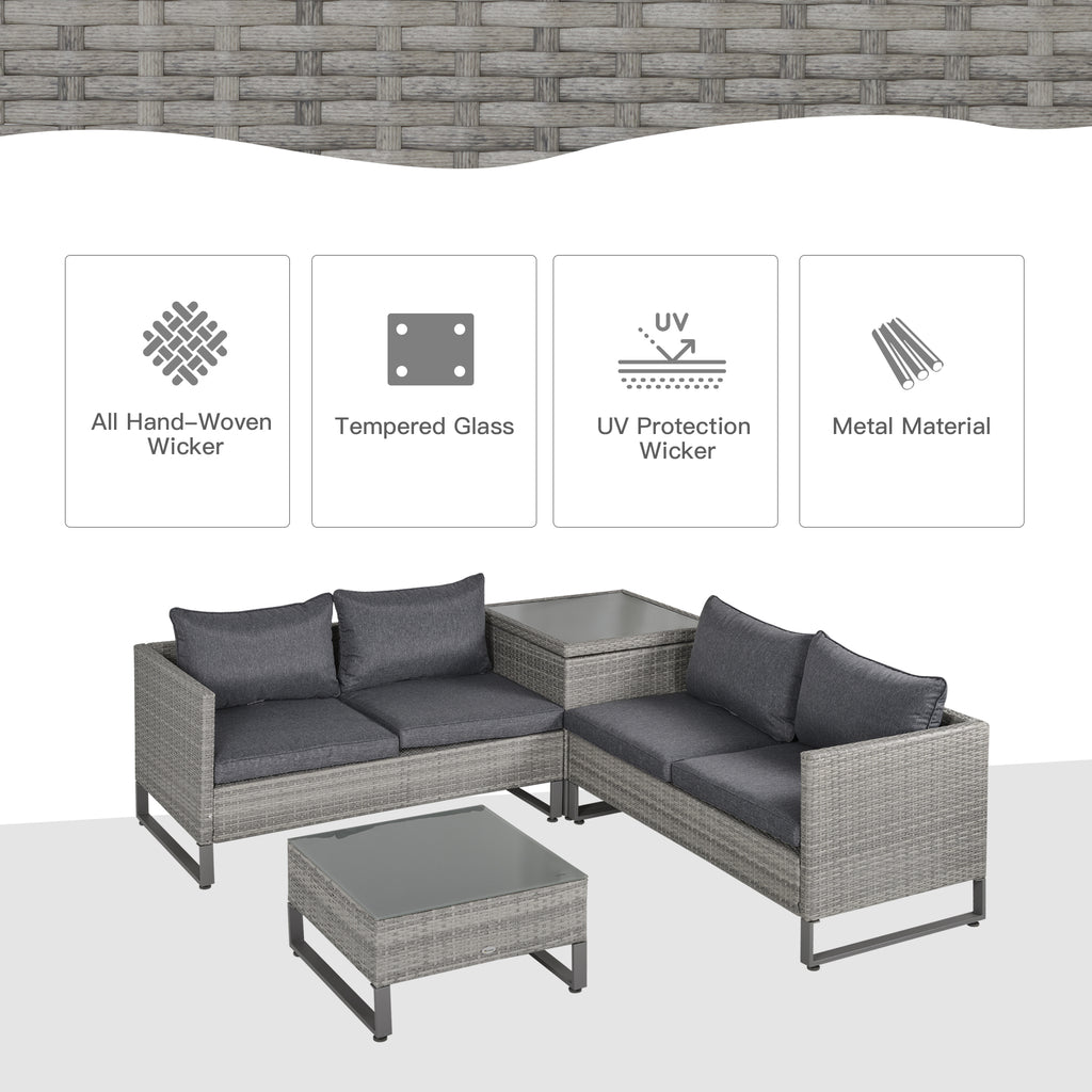 4 Pieces Rattan Garden Furniture Set, 4 Seater Garden Sofa Set With Storage Box, Loveseats And Glass Top Table, Wicker Outdoor Conservatory Furniture With Cushions For Outdoor, Patio, Grey