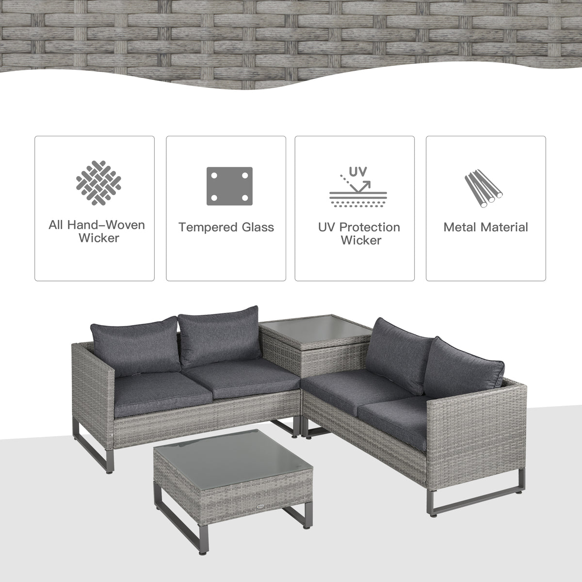 4 Pieces Rattan Garden Furniture Set, 4 Seater Garden Sofa Set With Storage Box, Loveseats And Glass Top Table, Wicker Outdoor Conservatory Furniture With Cushions For Outdoor, Patio, Grey