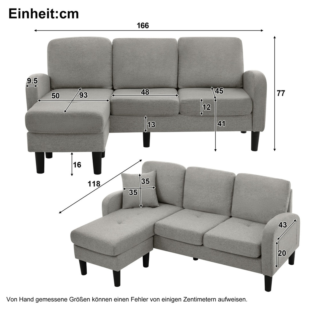 L-shaped Corner Sofa With Chaise Lounge - 3-Seater Sofa, 166 X 118 X 77 Cm, Breathable Cotton-Linen Fabric, Plastic Legs, Modular Design, Ideal For Living Rooms, Apartments, And Offices