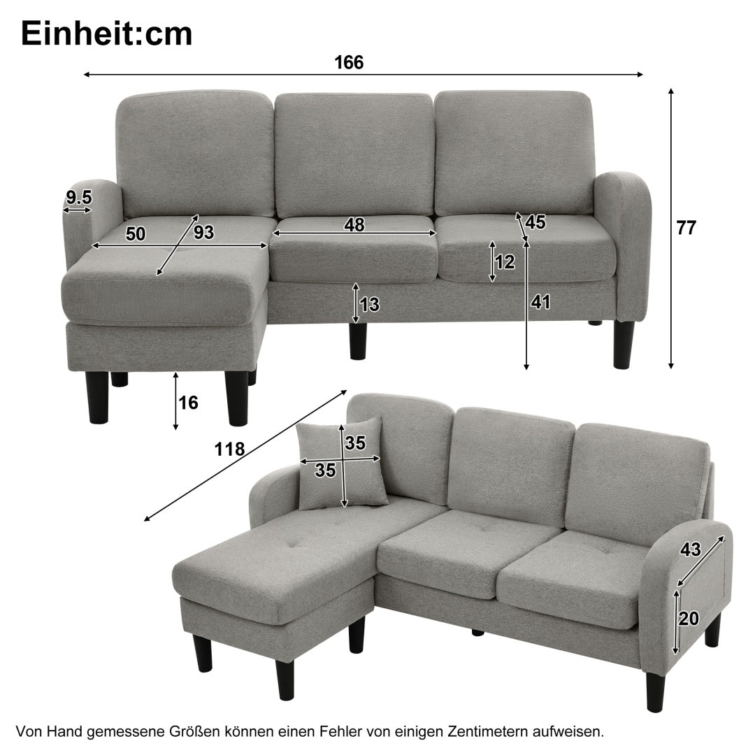 L-shaped Corner Sofa With Chaise Lounge - 3-Seater Sofa, 166 X 118 X 77 Cm, Breathable Cotton-Linen Fabric, Plastic Legs, Modular Design, Ideal For Living Rooms, Apartments, And Offices