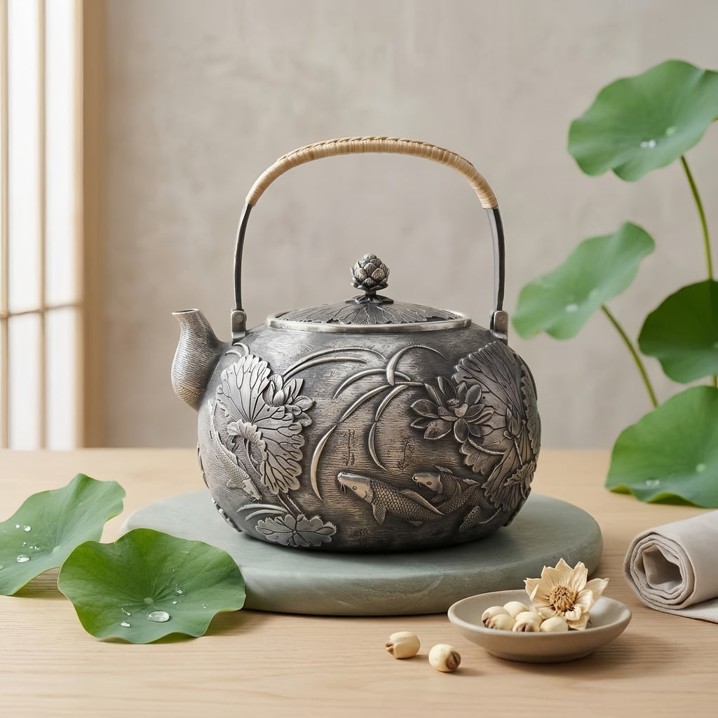Pure 999 Fine Silver Exquisite Silver Teapot with Intricate Lotus and Koi Fish Relief Carvings - Handicraft