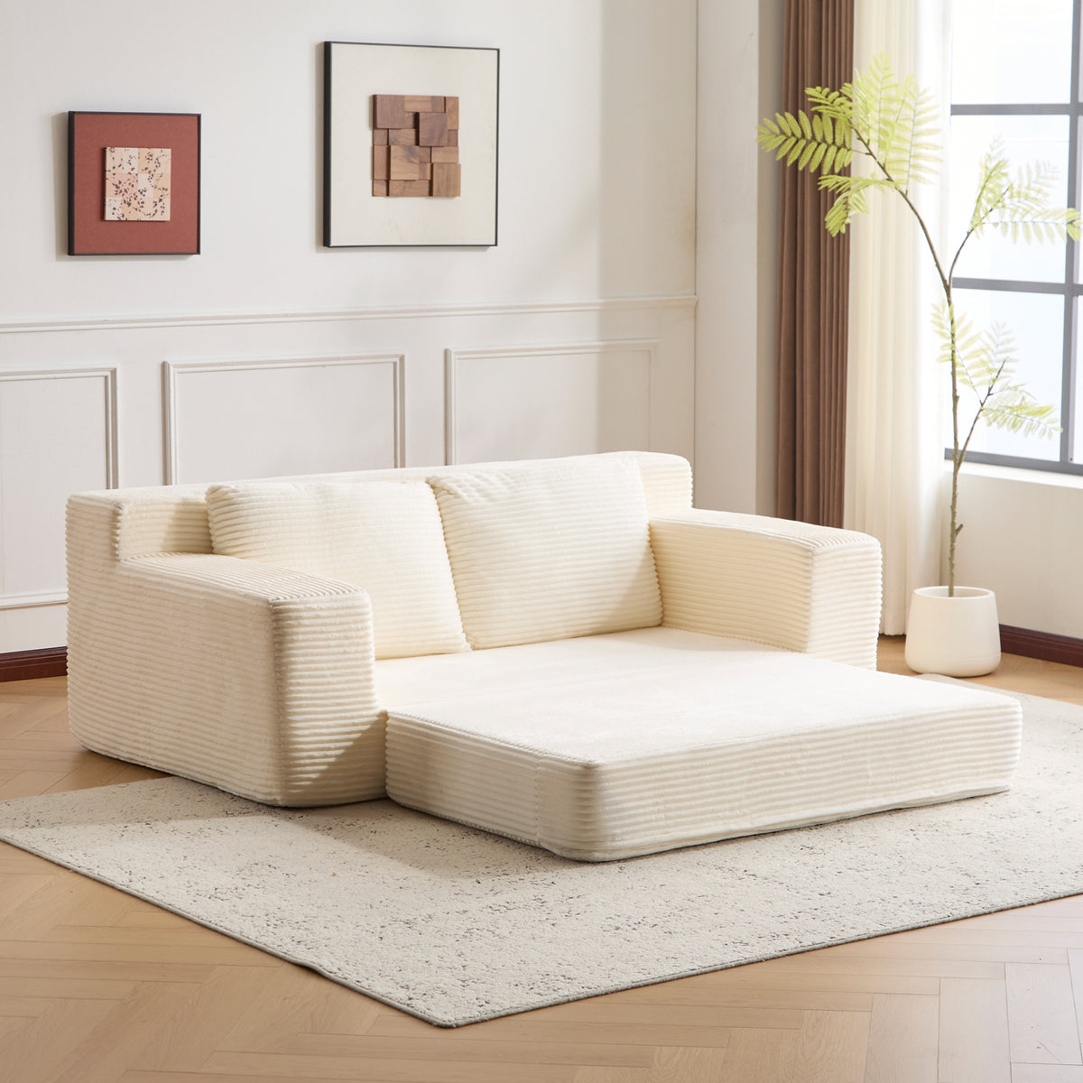 Loveseat Sofa, Comfortable Deep Seat Sofa Bed, Modern Small Corduroy Couch For Living Room Bedroom,Reversible Cushion With Pillows,No Assembly Required,White