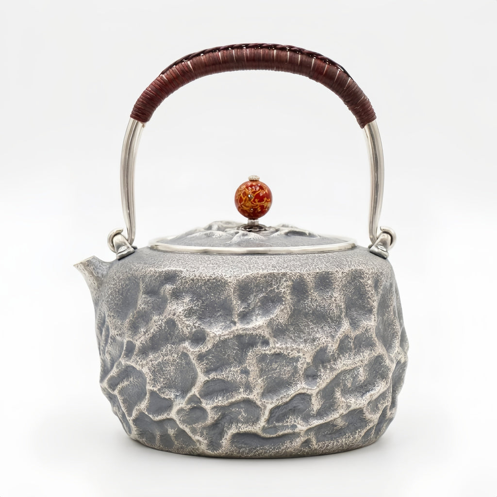 925 Sterling Silver Artistic Gray Teapot with Cracked Earth Texture and Contrasting Metallic Handle-Fine large teapot - Handicraft