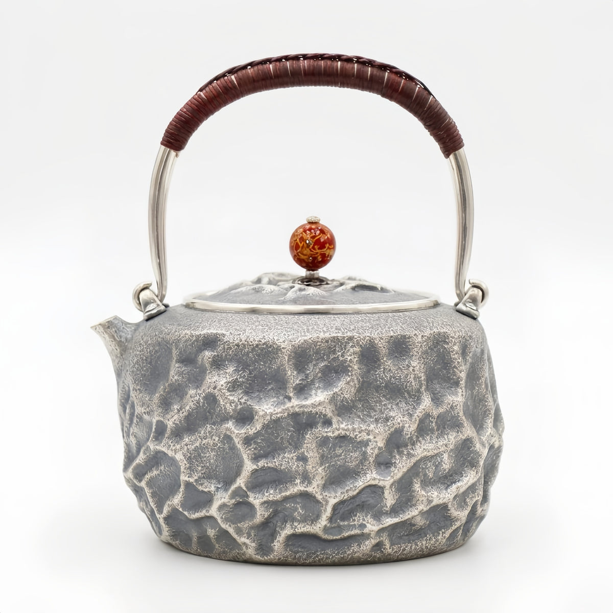925 Sterling Silver Artistic Gray Teapot with Cracked Earth Texture and Contrasting Metallic Handle-Fine large teapot - Handicraft