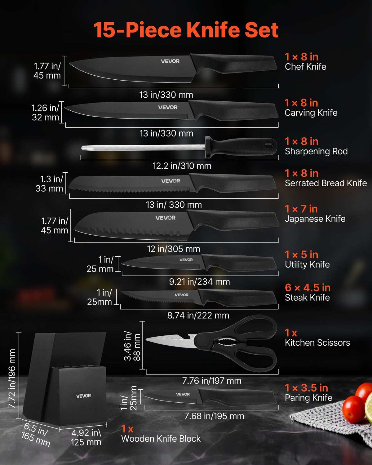 15-Piece Kitchen Knife Set with Block | Stainless Steel Chef Knife Set