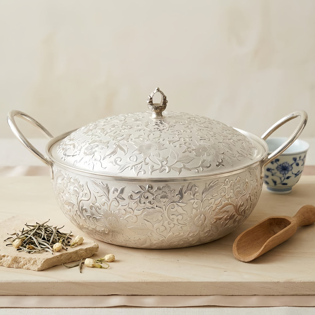 Pure 999 Fine Silver Elegant  Floral-Engraved Serving Pot with Lid and Curved Handles-Premium Hot Pot - Handicraft