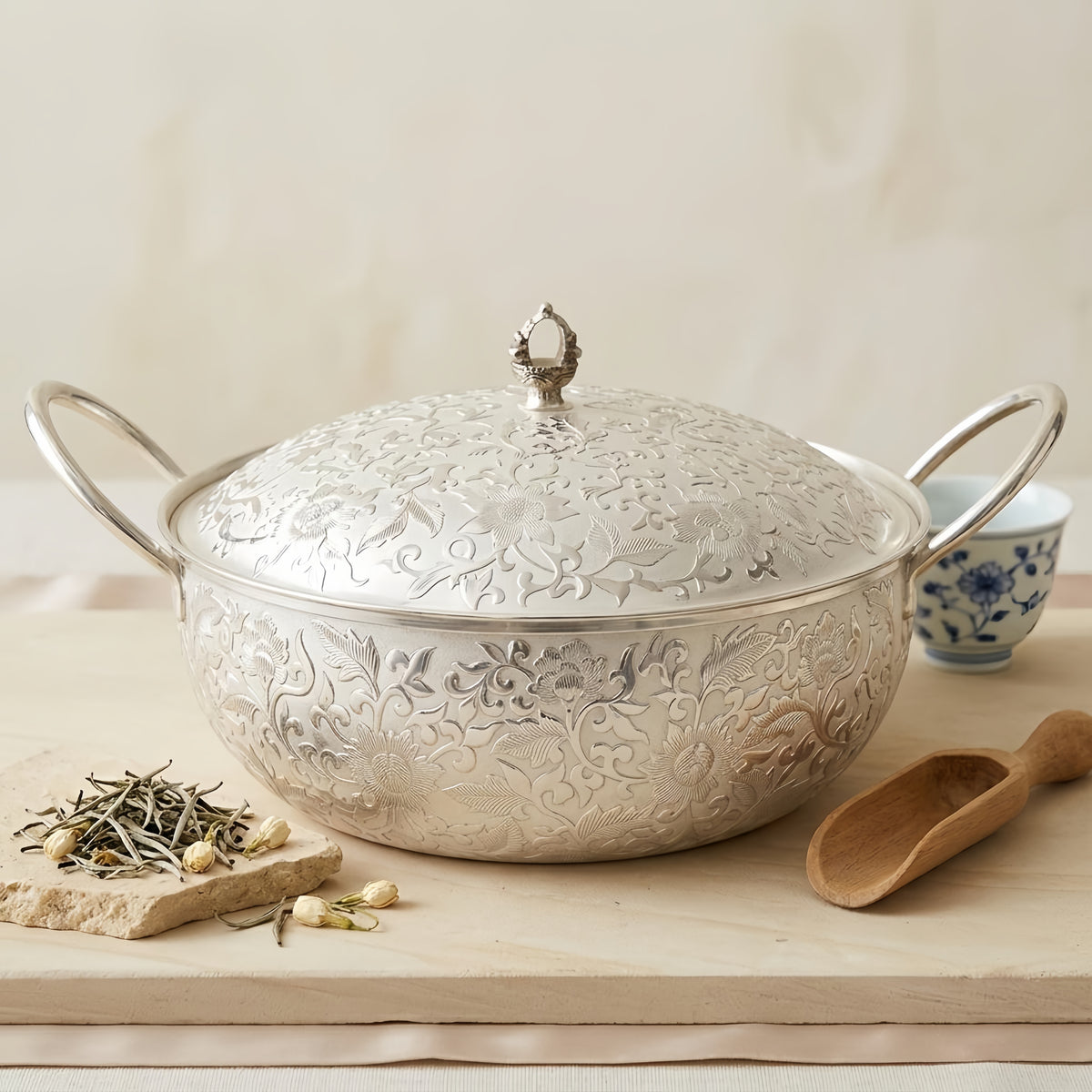 Pure 999 Fine Silver Elegant  Floral-Engraved Serving Pot with Lid and Curved Handles-Premium Hot Pot - Handicraft