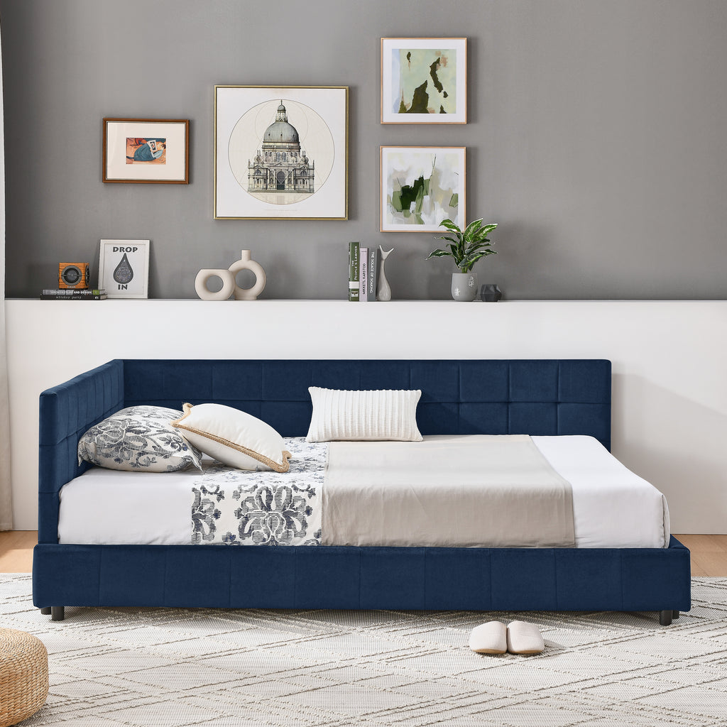 Full Size Upholstered Tufted  Bed Frame, Sofa Bed Frame With Comfortable Backrest And Armrests, Full Size Bed For Bedroom, Living Room,Velvet, Dark Blue 80.5x59x30.5