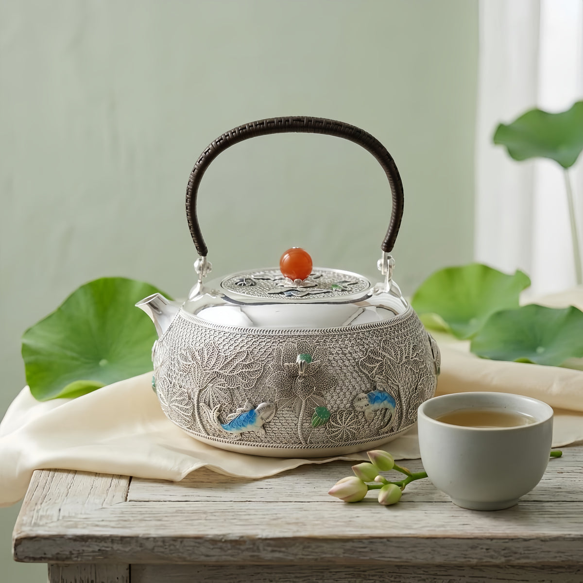 925 Sterling Silver Elegant  Teapot with Intricate Lacework and Enamel Art Featuring Birds and Flowers-Fine Filigree Teapot - Handicraft