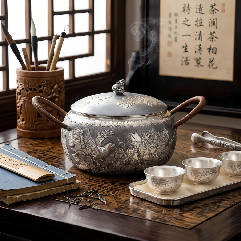 Pure 999 Fine Silver Ornate Silver Engraved Pot with Bird and Floral Motifs and Rattan Handles - Handicraft
