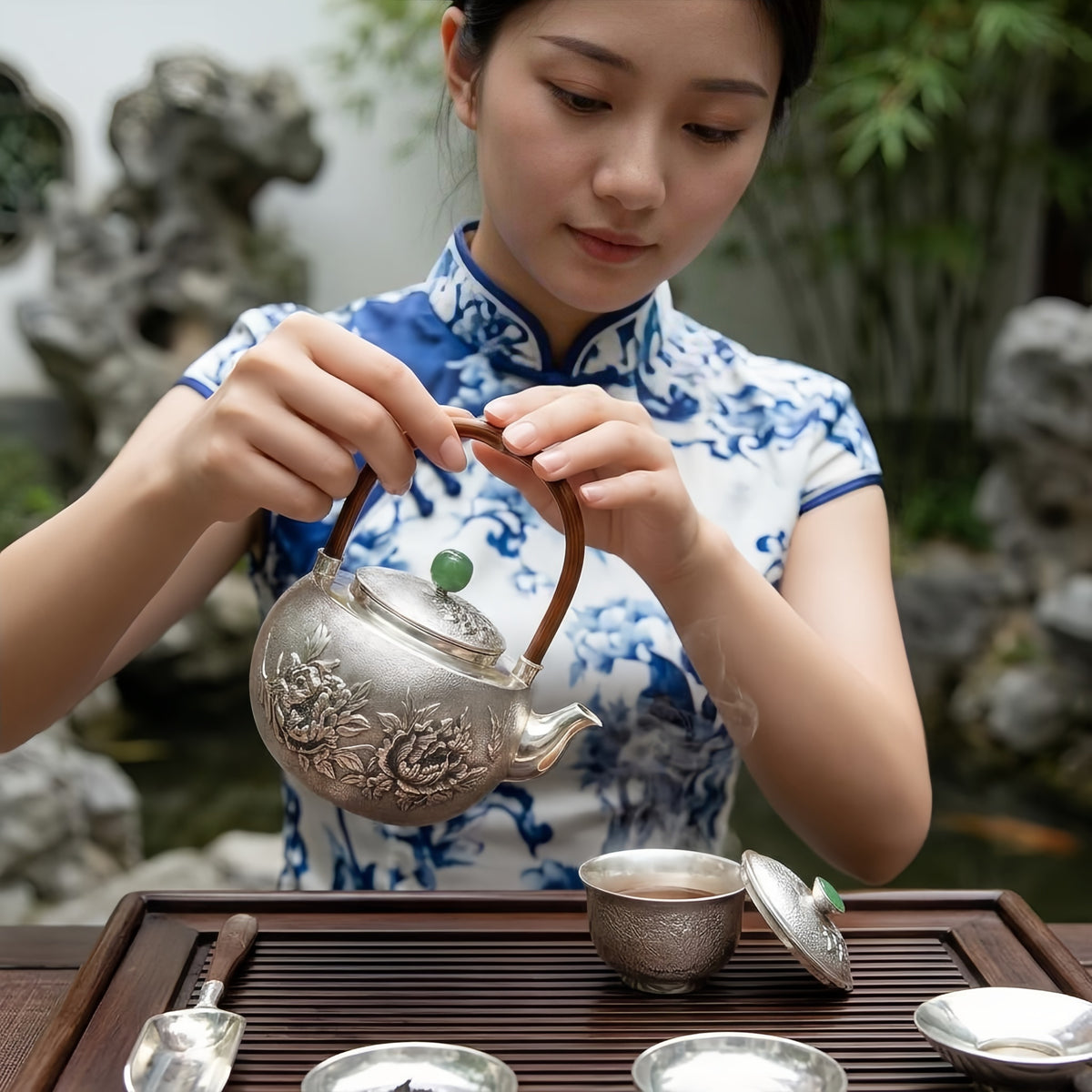 925 Sterling Silver Handcrafted Fine Silver Teapot with Intricate Peony Relief and Jade Green Finial - Handicraft