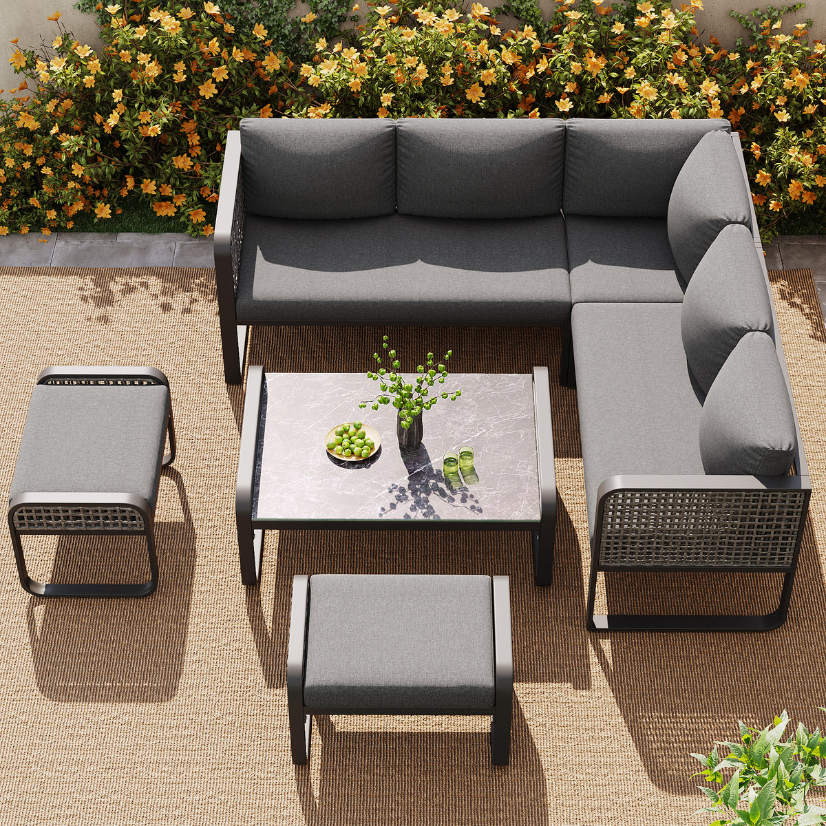 Outdoor Garden Lounge Set, Rattan Furniture Set For 6-7 People, Corner Sofa With Galvanised Iron Frame, Adjustable Legs, Includes All Seat And Back Cushions, Grey