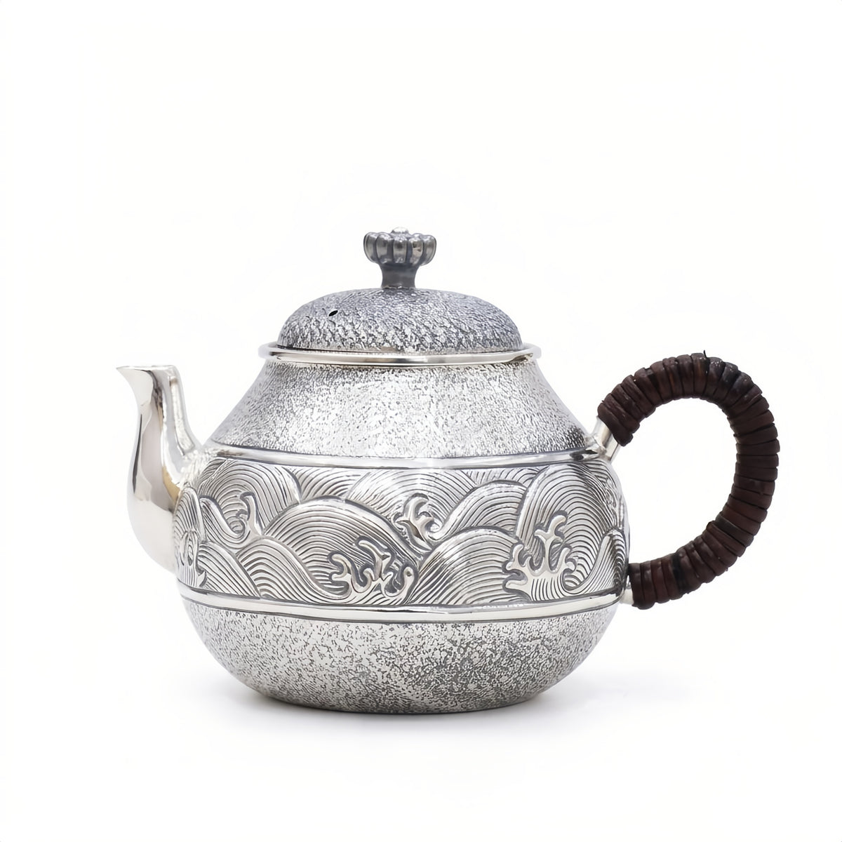 Pure 999 Fine Silver Artistic Silver Teapot Featuring Intricate Hand-Engraved Wave Motif and Textured Finish - Handicraft