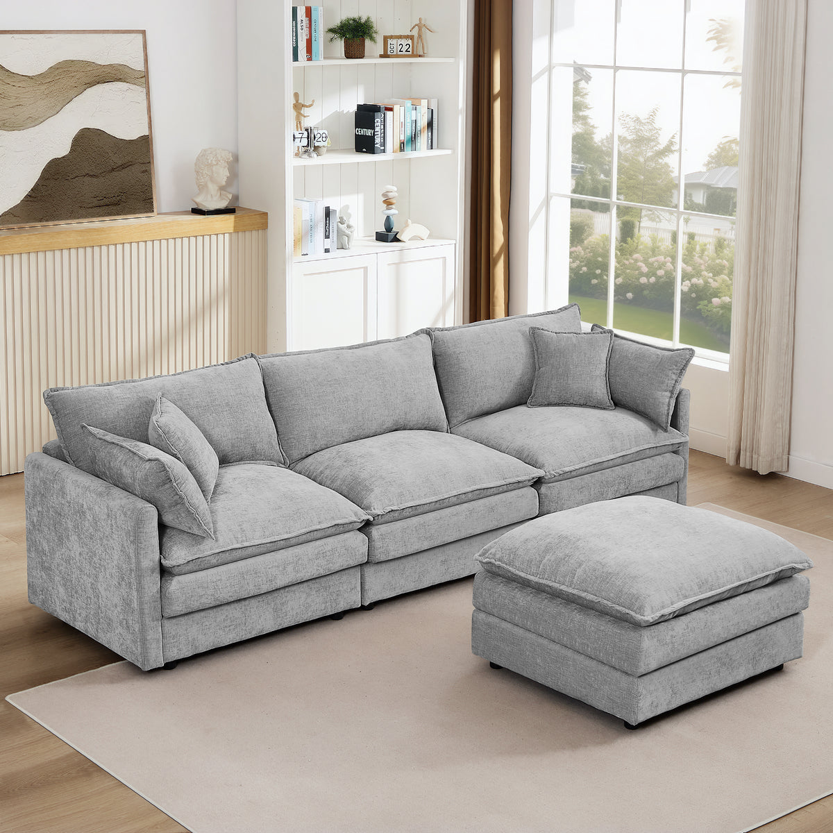 Modular Sectional Sofa, 102 Inch L Shaped Couch Set For Living Room, 3-Seater Comfy Cloud Couches With Movable Ottoman, DIY Combination, Chenille, Grey