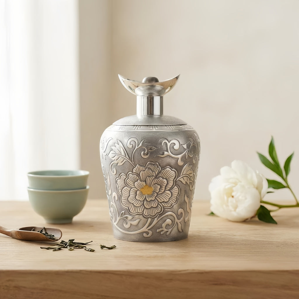 925 Sterling Silver Elegant Carved Silver-Toned Peony Pattern Decorative Vessel with Polished Crescent Stopper - Handicraft