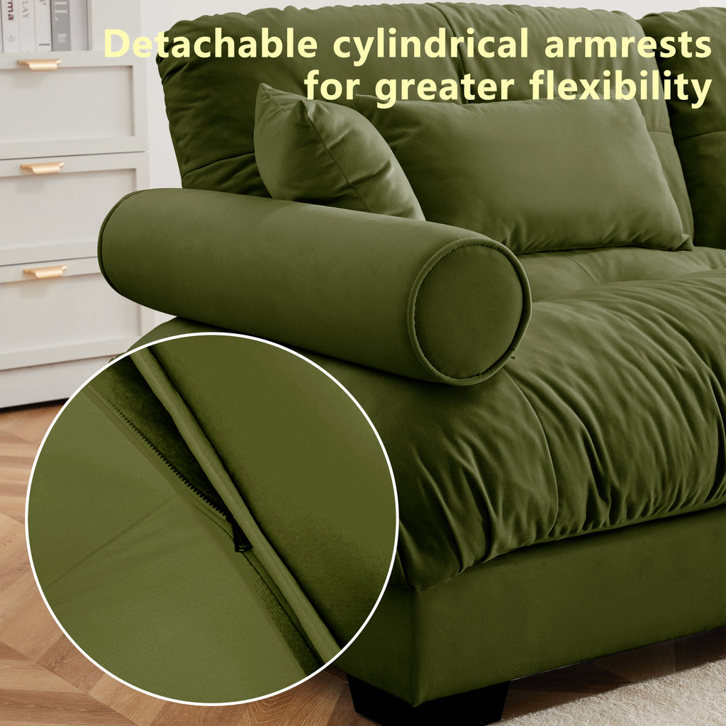 Over Size Modern Two-seater Sofa With Ottoman, Velvet 2-Seater With Round Bolster Armrests,With Waist Pillow And Throw Pillows, Reading Room  Olive Green