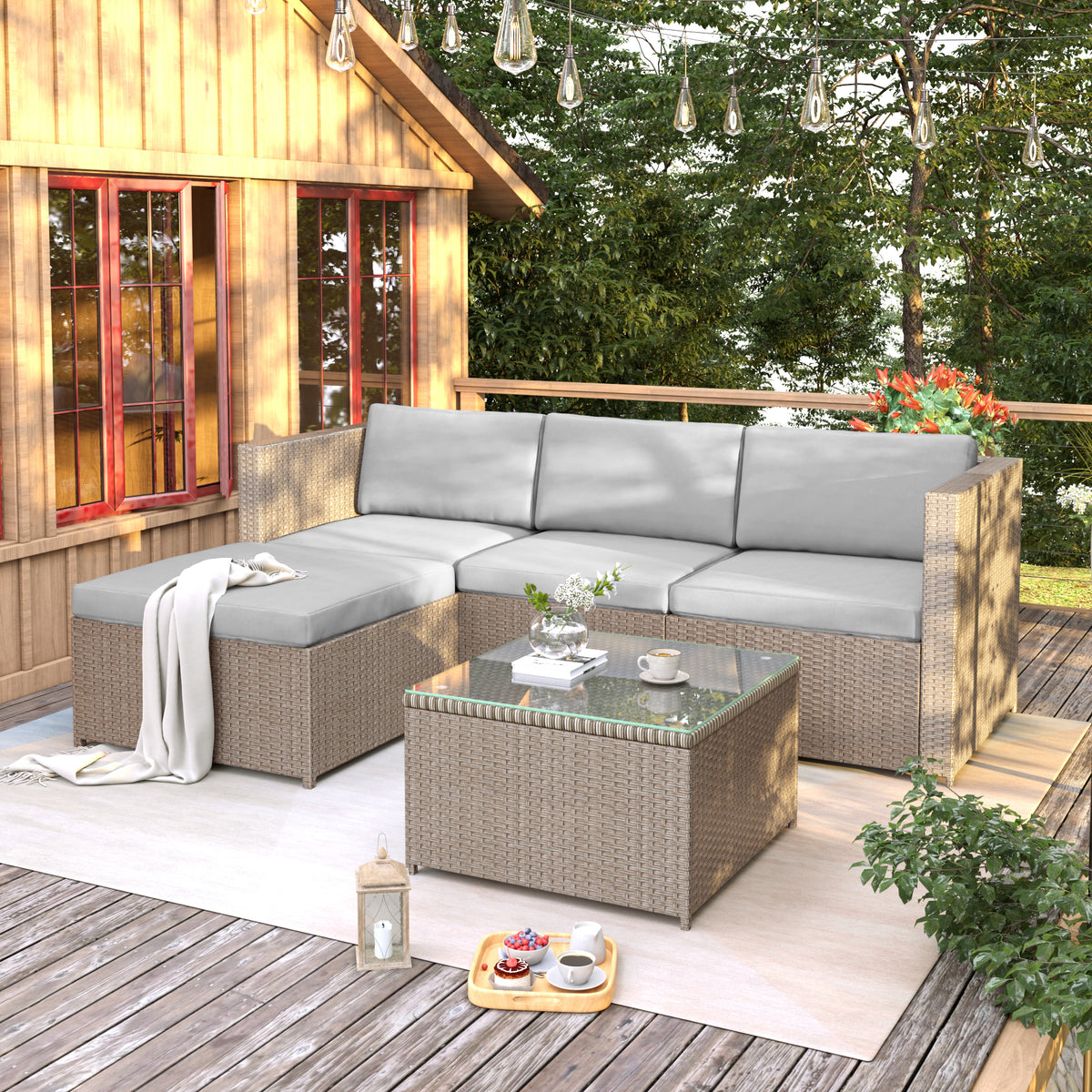 Garden Corner Sofa Rattan Garden Furniture Patio Set Garden Entertaining Set Garden Rattan Furniture Lounge Set,Khaki