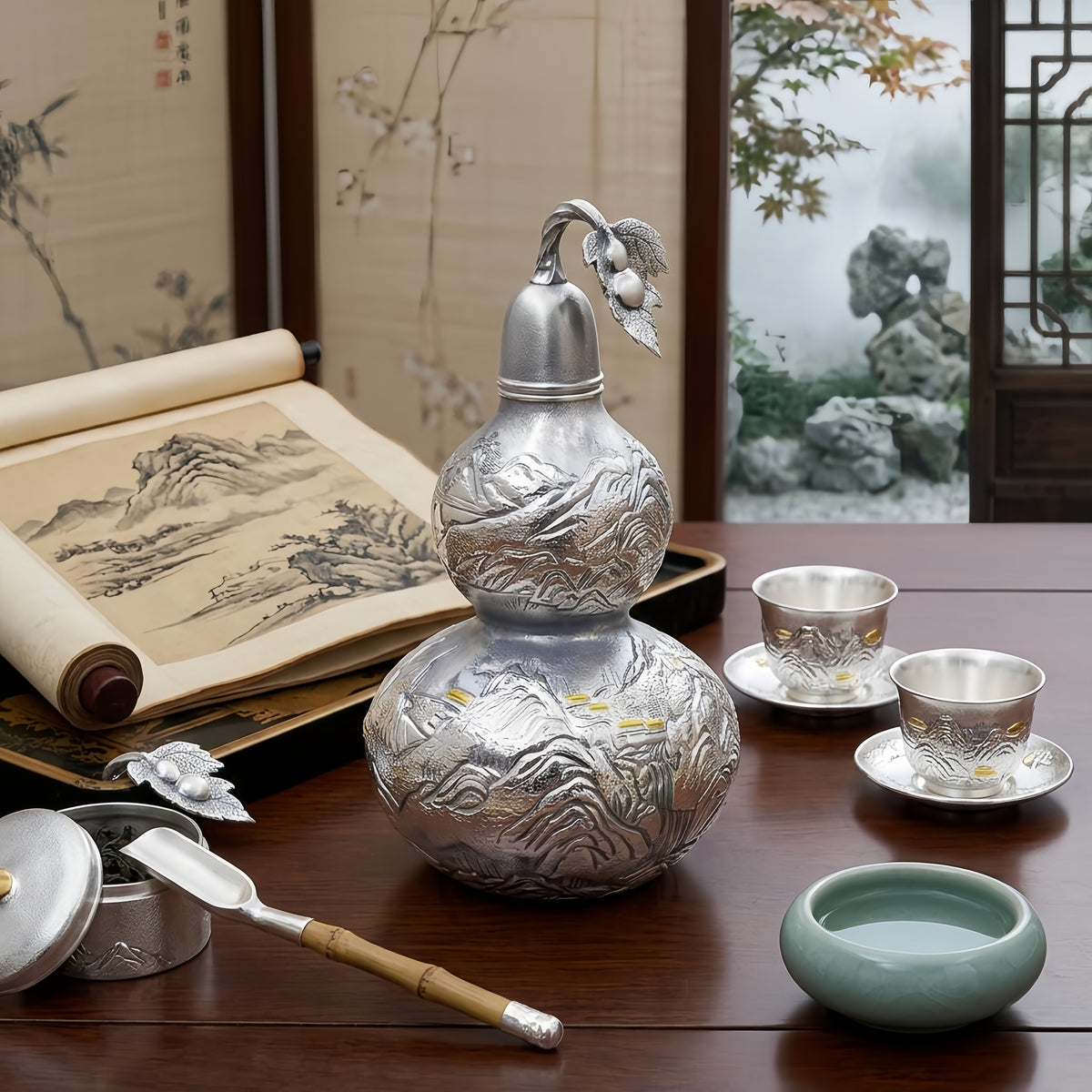 Pure 999 Fine Silver  Gourd Vessel with Engraved Mountain Landscape and Leaf Ornament-Premium gourd - Handicraft