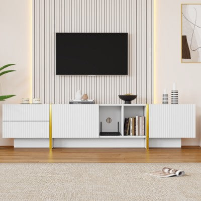 TV Stand For 85inch TV, Entertainment Center With Storage Cabinet And Open Shelves, Embossed Pattern TV Stand, TV Cabinet And Media Console For Living Room, Bedroom, White