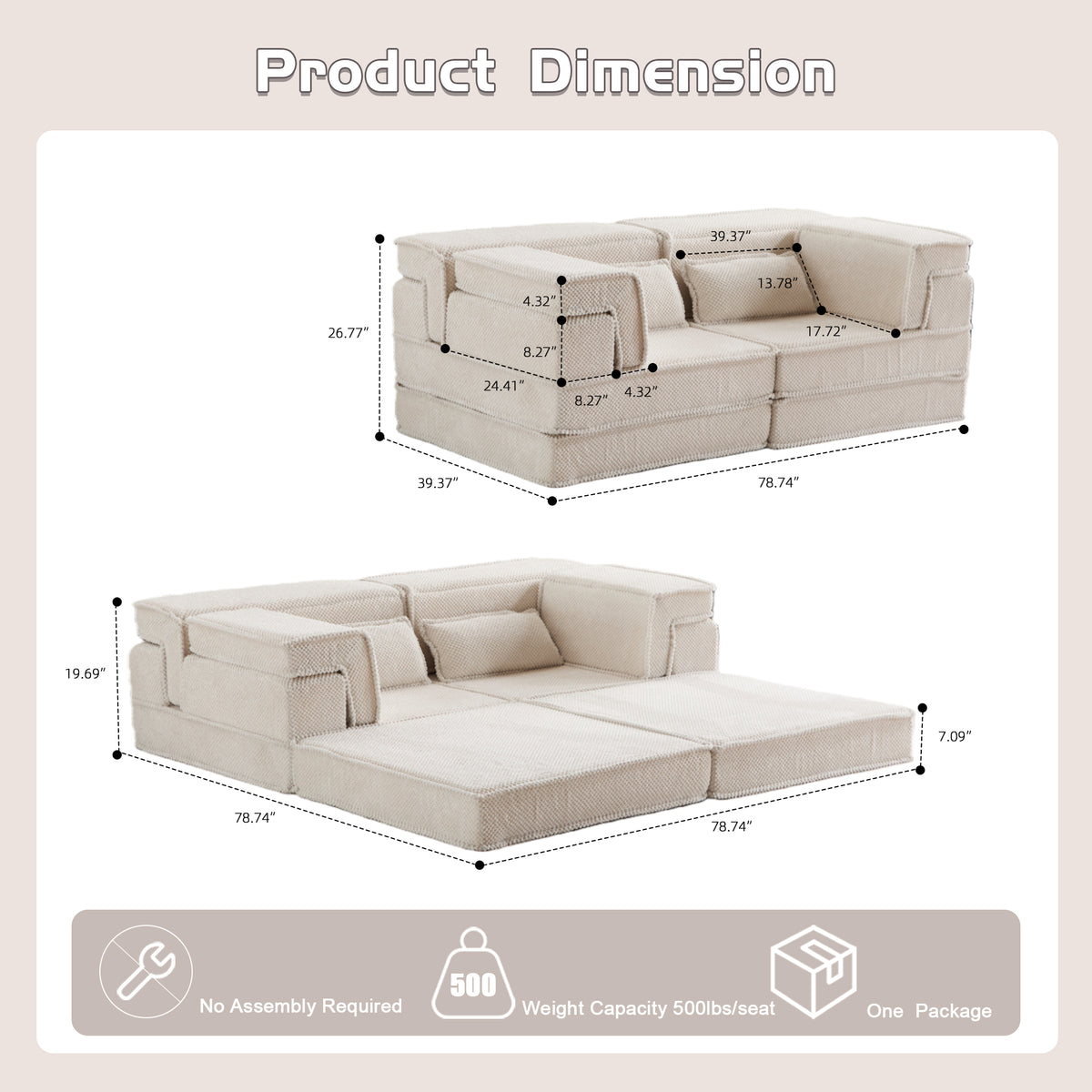 Compression Mahjong Sofa,Convertible Floor Sofa Bed,DIY Boneless Modular Sectional Sofa,No Assembly Required,Circle Fleece Fabric,Modern Oversized Loveseat,White