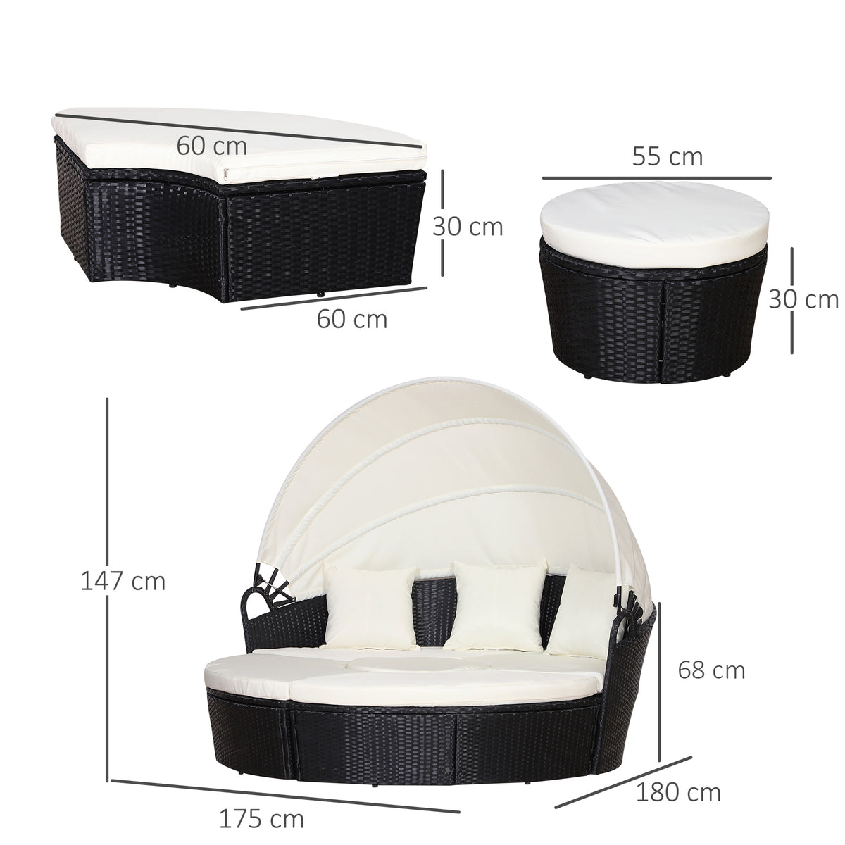 Five-Piece Rattan Garden Bed, With Canopy - Black/White