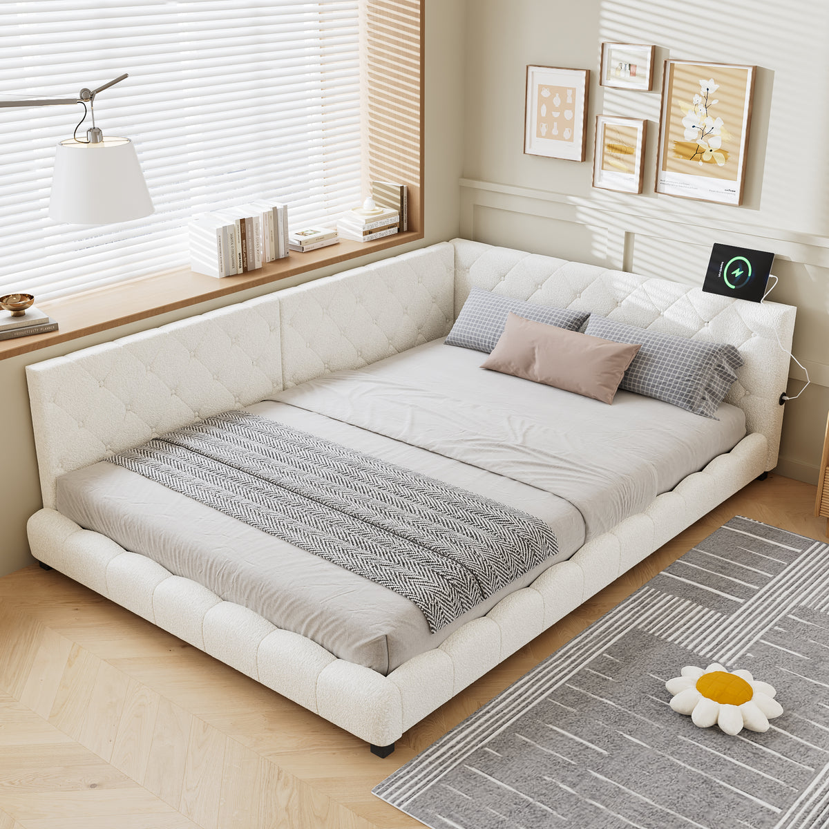 Upholstered Bed, 4ft6 Double Bed 135x190cm, With Side Rails On The Bed, With Two Comfortable Headboards, Boucle  Plywood, Beige