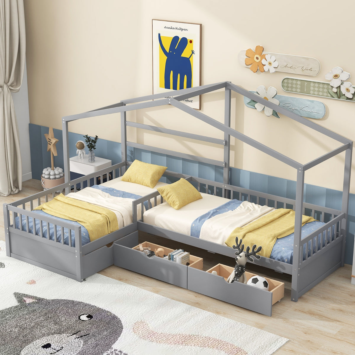 Twin Size House Platform Bed With Three Storage Drawers,Gray