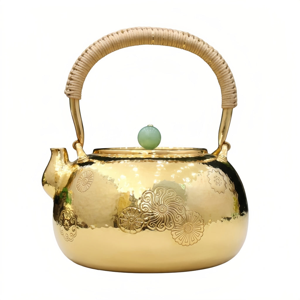 925 Sterling Silver Exquisite Handcrafted Hammered Metallic Teapot with Floral Engravings and Jade Finial - Handicraft