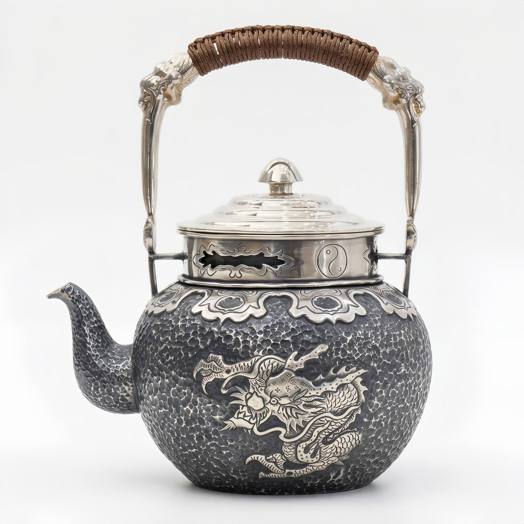 925 Sterling Silver **Title:** Ornate Dragon-Embossed Hammered Metal Teapot with Yin-Yang Lid and Woven Handle-Fine large teapot - Handicraft