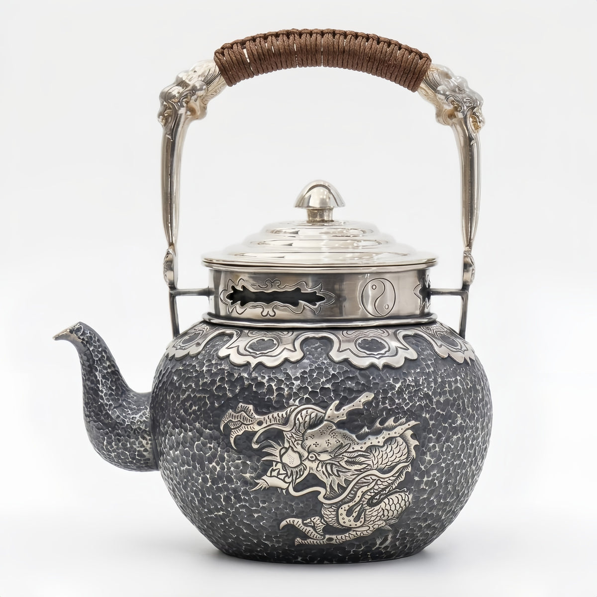 925 Sterling Silver **Title:** Ornate Dragon-Embossed Hammered Metal Teapot with Yin-Yang Lid and Woven Handle-Fine large teapot - Handicraft