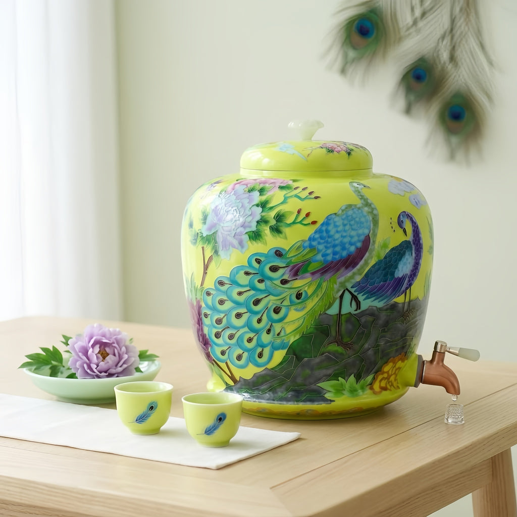 Pure 999 Fine Silver Vibrant Hand-Painted Peacock and Peony Ceramic Water Dispenser with Copper Spigot - Handicraft