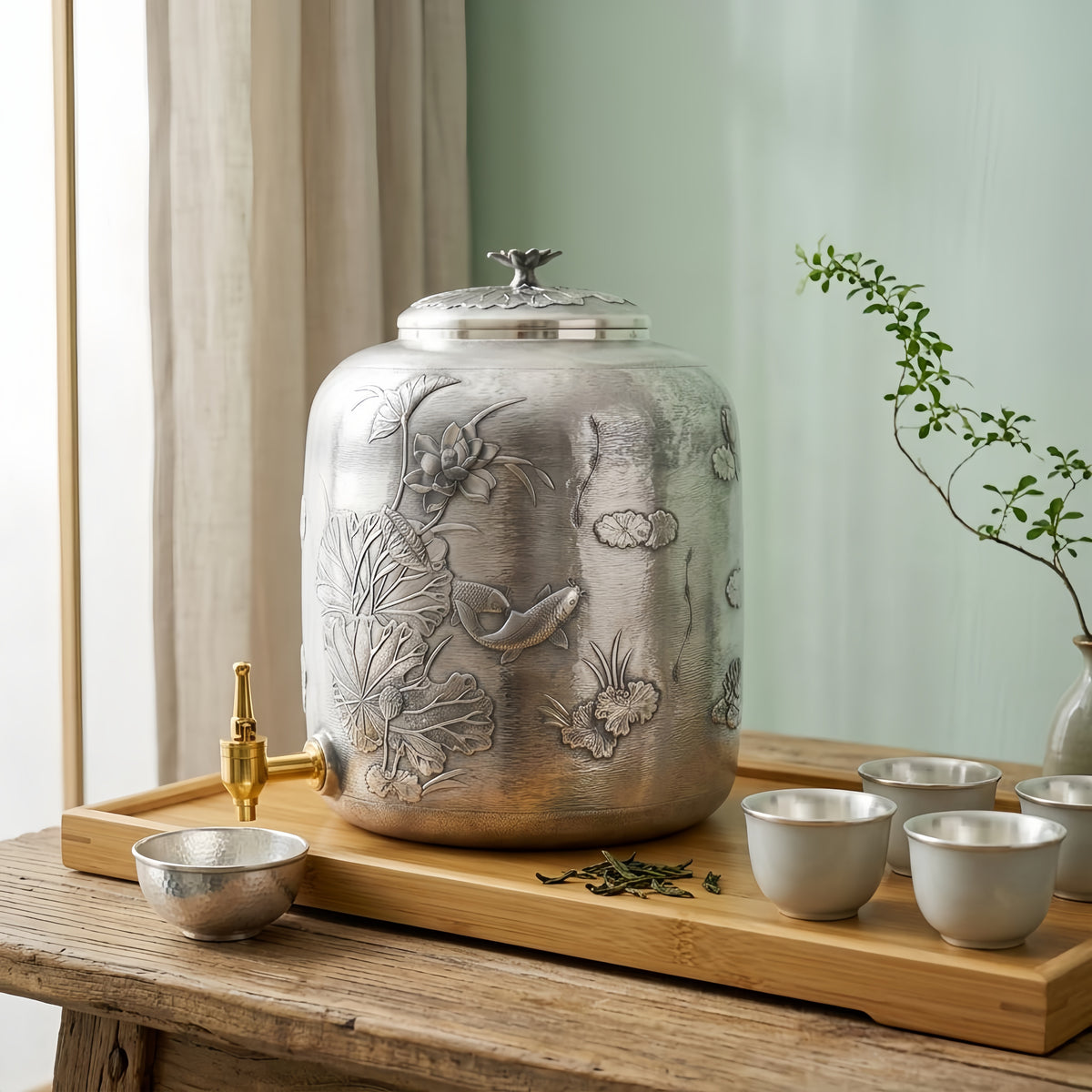 925 Sterling Silver Elegant Hand-Carved Silver Beverage Dispenser with Lotus and Koi Pond Motifs - Handicraft